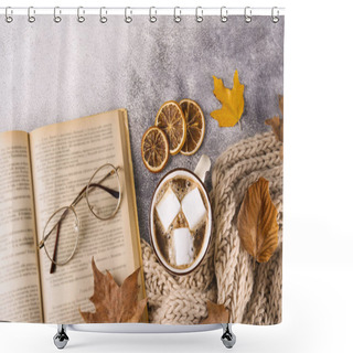 Personality  Autumnal Top View Composition With Fall Season Symbolics On Textured Background. Shower Curtains