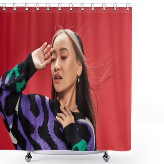 Personality  Beautiful Young Asian Woman With Dyed Hair In Sweater With Animal Print Posing With Hand Near Face Shower Curtains
