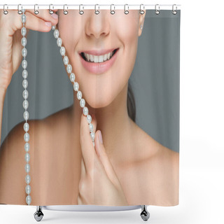 Personality  Cropped Shot Of Smiling Woman With White Teeth And Pearls In Hands Isolated On Grey Shower Curtains