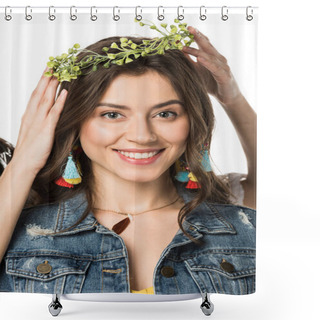 Personality  Cropped View Of Girl Putting Wreath On Friend Isolated On White Shower Curtains