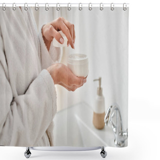 Personality  Cropped View Of Adult Woman In Comfortable Bathrobe Holding Face Cream In Her Hands In Bathroom Shower Curtains