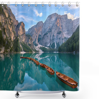 Personality  Panoramic Photo Of Lago Di Braies, Pragser Wildsee In The Dolomites. View Of The Whole Green-blue Lake Through Wooden Boats On The Mountain Peak And The Setting Sun. Shower Curtains