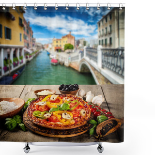 Personality  Rustic Pizza With Old City Italy Background Shower Curtains