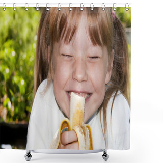Personality  Little Girl In The Outdoors Eats A Banana And Laughs Shower Curtains