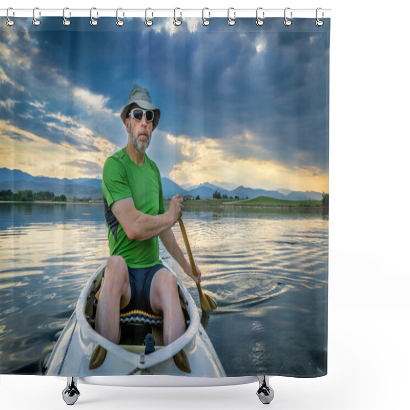 Personality  canoe paddler on lake at susnset shower curtains