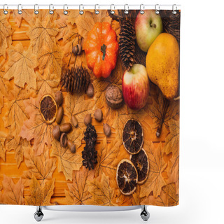 Personality  Top View Of Autumnal Decoration And Food Scattered From Wicker Basket On Golden Foliage On Wooden Background Shower Curtains