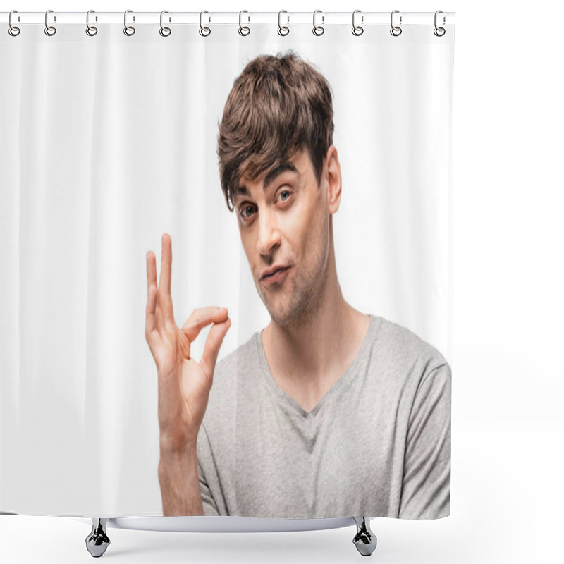 Personality  Handsome Young Man Showing Shut Up Sign And Looking At Camera Isolated On White Shower Curtains