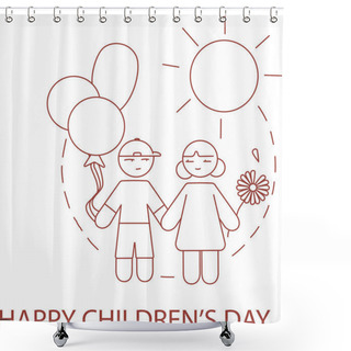 Personality  Illustration Of Cartoon Boy And Girl Holding Hands, International Children Day Concept Shower Curtains