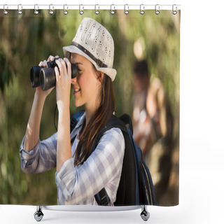 Personality  Woman Using Binoculars Bird Watching Shower Curtains