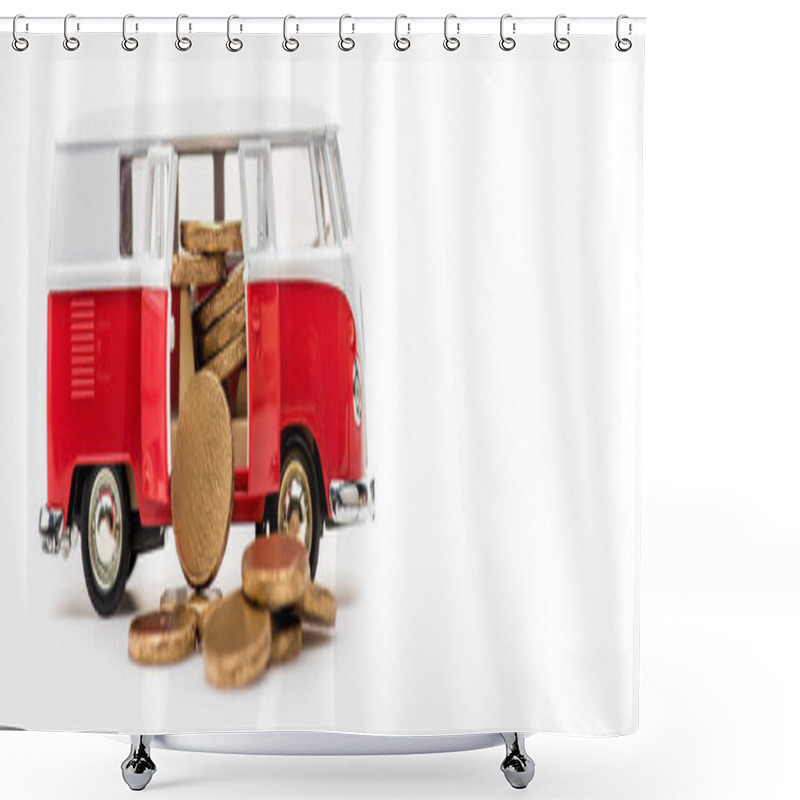 Personality  Panoramic Shot Of Toy Bus With Golden Coins On White  Shower Curtains
