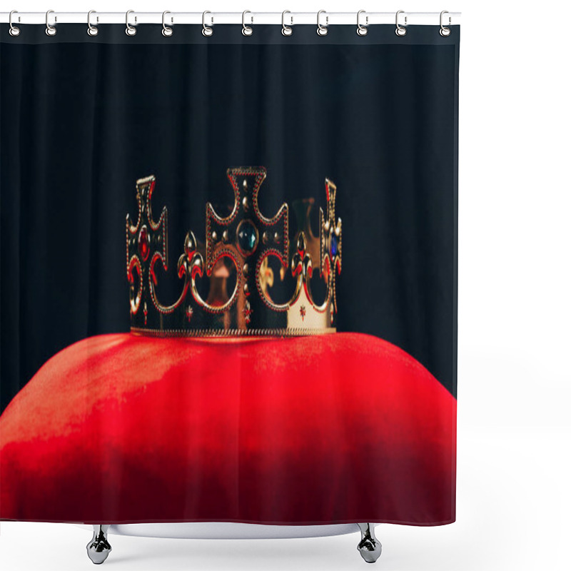 Personality  antique golden crown with gemstones on red pillow, isolated on black shower curtains