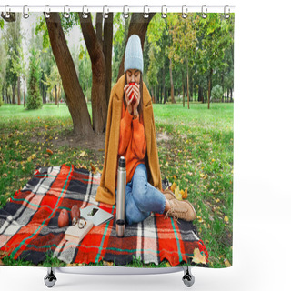 Personality  Woman In Autumn Outfit Drinking Warm Tea On Plaid Blanket In Park Shower Curtains