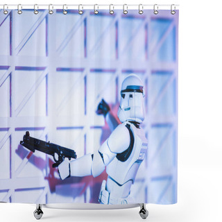 Personality  White Plastic Imperial Stormtrooper Climbing With Gun On White Textured Wall Shower Curtains