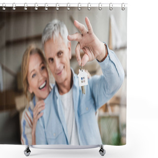 Personality  Happy Senior Couple Holding Keys From New Nome During Relocation Shower Curtains