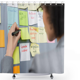 Personality  Marker In Hand Of African American Businesswoman Near Board With Sticky Notes  Shower Curtains