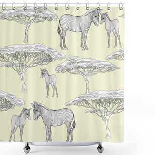 Personality  Seamless Pattern, Background  With Adult Zebra  And Zebra Cub. Vector Illustration.   Shower Curtains