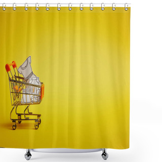 Personality  Close Up View Of Little Shopping Trolley With Paper Clothes On Yellow Backdrop Shower Curtains