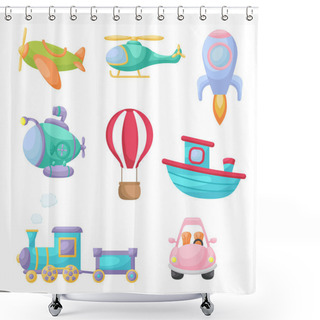 Personality  Set Of Cute Cartoon Transport. Collection Of Vehicles For Design Of Kids Rooms, Clothing, Album, Card, Baby Shower, Birthday Invitation, House Interior. Bright Colored Childish Vector Illustration. Shower Curtains