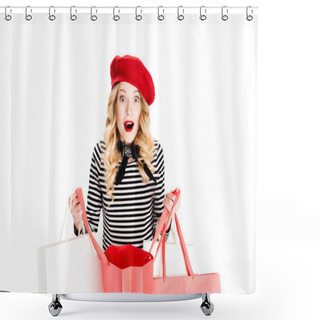 Personality  Surprised Woman In Red Beret Looking At Camera While Holding Shopping Bags Isolated On White  Shower Curtains