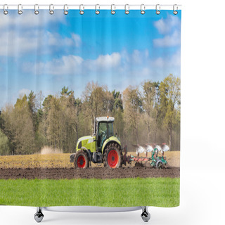 Personality  Farmer On Tractor Plowing Sandy Soil In Spring Season Shower Curtains