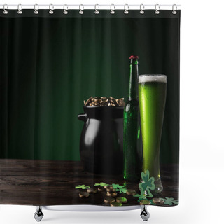 Personality  Pot With Golden Coins And Green Beer On Table, St Patricks Day Concept Shower Curtains