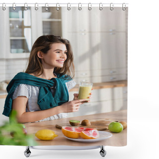Personality  Joyful Woman Looking Away While Holding Glass Of Smoothie Near Fresh Fruits, Blurred Foreground Shower Curtains