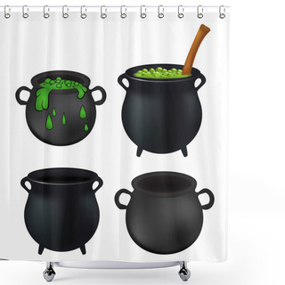 Personality  Witch Cauldron Empty And With Green Potion, Bubbling Witches Brew Set. Realistic Vector Illustration Isolated On White Background. Shower Curtains
