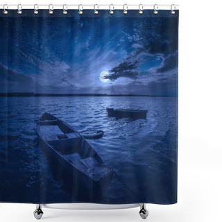 Personality  Wooden Boats On A Volga River With Rising Of Full Moon In A Cloudy Night Sky. Shower Curtains
