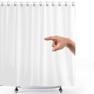 Personality  Cropped View Of Woman Pointing With Finger Isolated On White  Shower Curtains