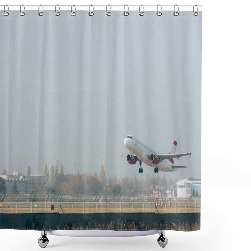 Personality  Jet Plane Above Airport Runway With Cloudy Sky At Background Shower Curtains