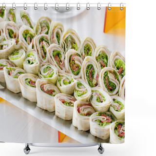 Personality  Plate Of Many Mini Bite Size Sandwich Appetizers Shower Curtains