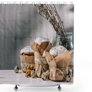 Personality  Easter Bread, Catkins And Quail Eggs On Table Shower Curtains