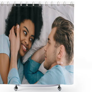 Personality  Pretty Multiracial Couple Hugging And Lying On Bed Shower Curtains