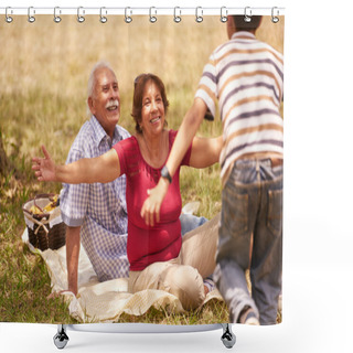 Personality  Grandparents Senior Couple Hugging Young Boy At Picnic Shower Curtains