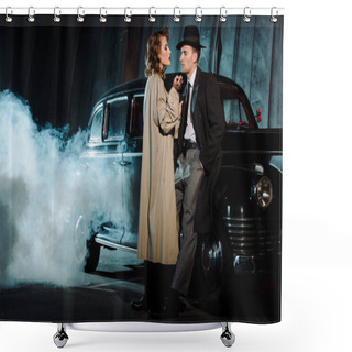 Personality  Handsome Gangsters Standing Near Retro Car And Smoke Outside  Shower Curtains