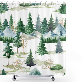 Personality  Mountain Landscape Seamless Pattern. Watercolor Illustration. Hand Drawn Realistic Wild Nature Pine, Mountain Scene Pattern. Green Forest Endless Element. Northern Nature On White Background Shower Curtains