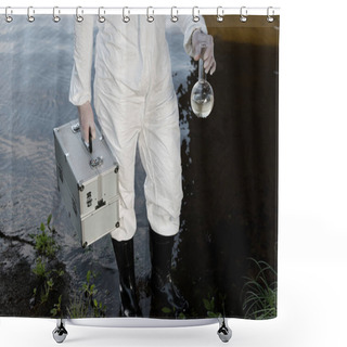 Personality  Partial View Of Water Inspector In Protective Costume Holding Inspection Kit And Flask At River Shower Curtains