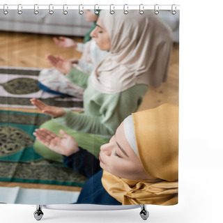Personality  High Angle View Of Muslim Asian Woman With Closed Eyes Praying Near Daughter And Granddaughter At Home Shower Curtains