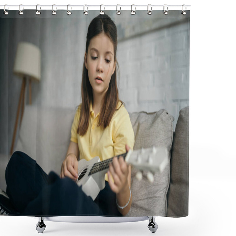 Personality  Brunette Girl Playing Ukulele While Sitting On Sofa At Home Shower Curtains