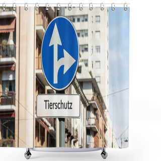Personality  An Image With A Signpost In German Pointing In The Direction Of Animal Welfare. Shower Curtains