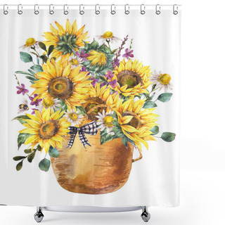 Personality  Watercolor Sunflowers In A Wicker Bag. Summer Floral Greeting Card, Rustic Vintage Illustration Isolated On White Background Shower Curtains