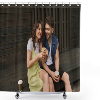 Personality  Cheerful Brunette Woman In Sundress Holding Craft Package And Looking At Camera Near Bearded Boyfriend With Coffee To Go And Wooden House In Rural Setting, Serene Ambiance Concept Shower Curtains