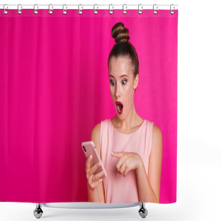 Personality  Portrait Astonished Pretty Sweet Person People Hold Hand Scream Wow Omg Unbelievable Unexpected Impressed She Her Modern Technology Hold Hand Dressed Top-knot Clothing Youth Isolated Bright Background Shower Curtains
