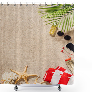 Personality  Top View Of Striped Towel With Various Objects Lying On Sandy Beach Shower Curtains