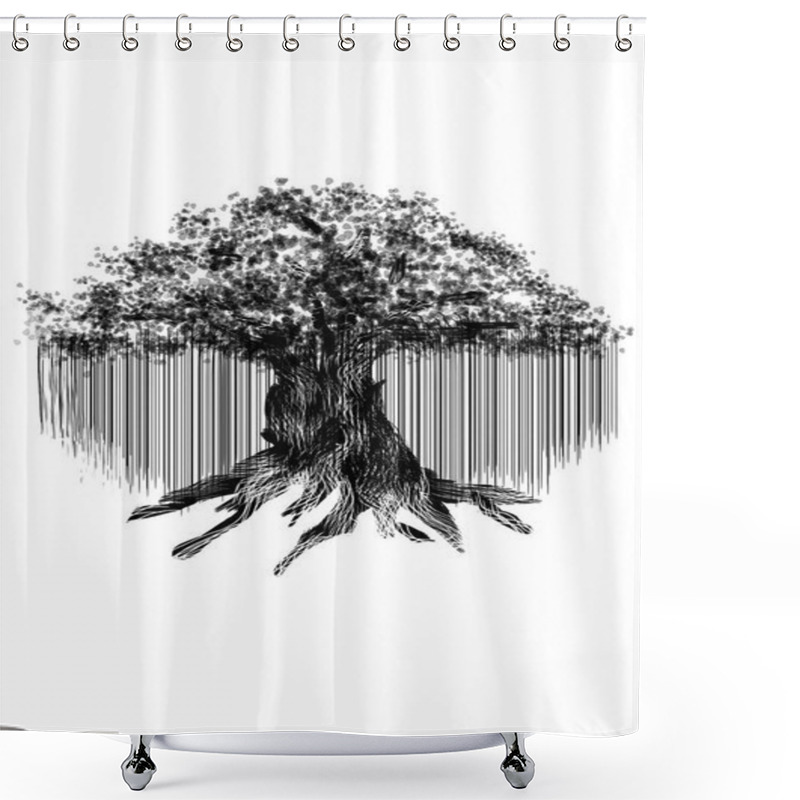 Personality  Black Silhouette Of Old Banyan Tree Isolated On White Background.  Shower Curtains