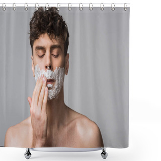 Personality  Handsome Man Applying Shaving Foam On Face, Isolated On Grey Shower Curtains