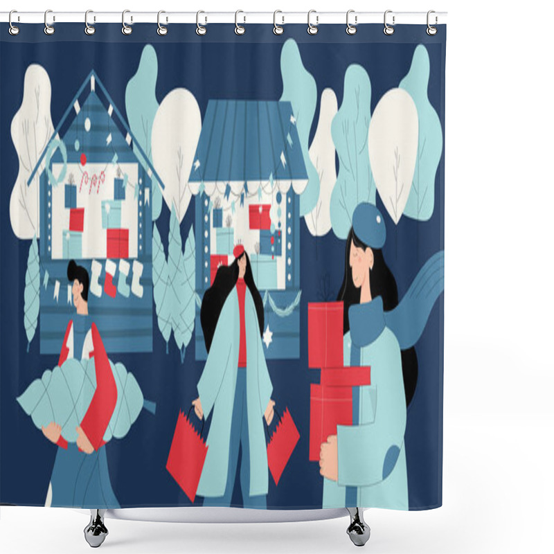 Personality  Christmas Market Or Holiday Outdoor Fair On Town Square. People Walking Between Decorated Stalls Or Kiosks, Shopping Buying Christmas Gifts. Vector Hand Drawn Illustration Shower Curtains