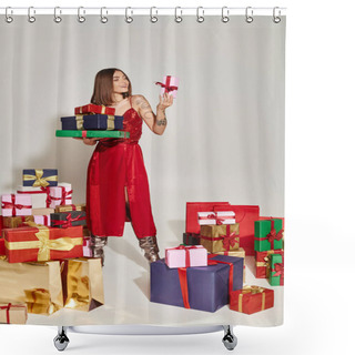 Personality  Beautiful Woman With Tattoos Holding Presents And Looking At One Of Them, Holiday Gifts Concept Shower Curtains