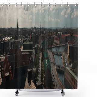 Personality  Panoramic Crop Of Roofs Of Buildings And Canal With Cloudy Sky At Background In Copenhagen, Denmark  Shower Curtains