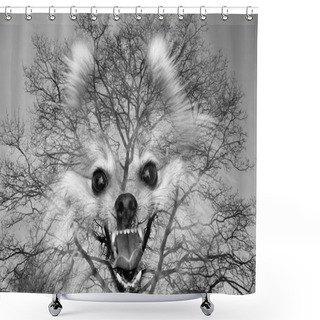 Personality  Fantasy - Mystical Forest And Big Mouth Dogs. The Dog - Ghost. Double Exposure, Multiple Exposure Shower Curtains